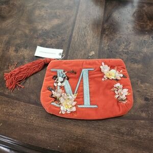 Anthropologie Coral Floral Embellished Cosmetic Pouch